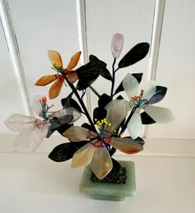 Vintage carved agate quartz jade bonsai flower tree  flowers &  1 bud 7" - Picture 1 of 10