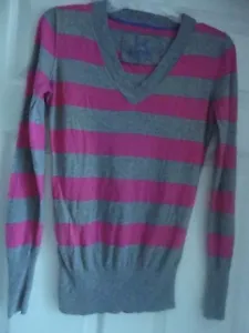 Womens/juniors Pink & Gray Striped Long-Sleeve Shirt Size Medium - Picture 1 of 5