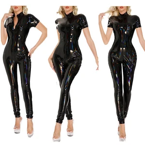 Women Catsuit Pole Rompers Stand Collar Bodysuit Nightclub Jumpsuit Wetlook - Picture 1 of 25