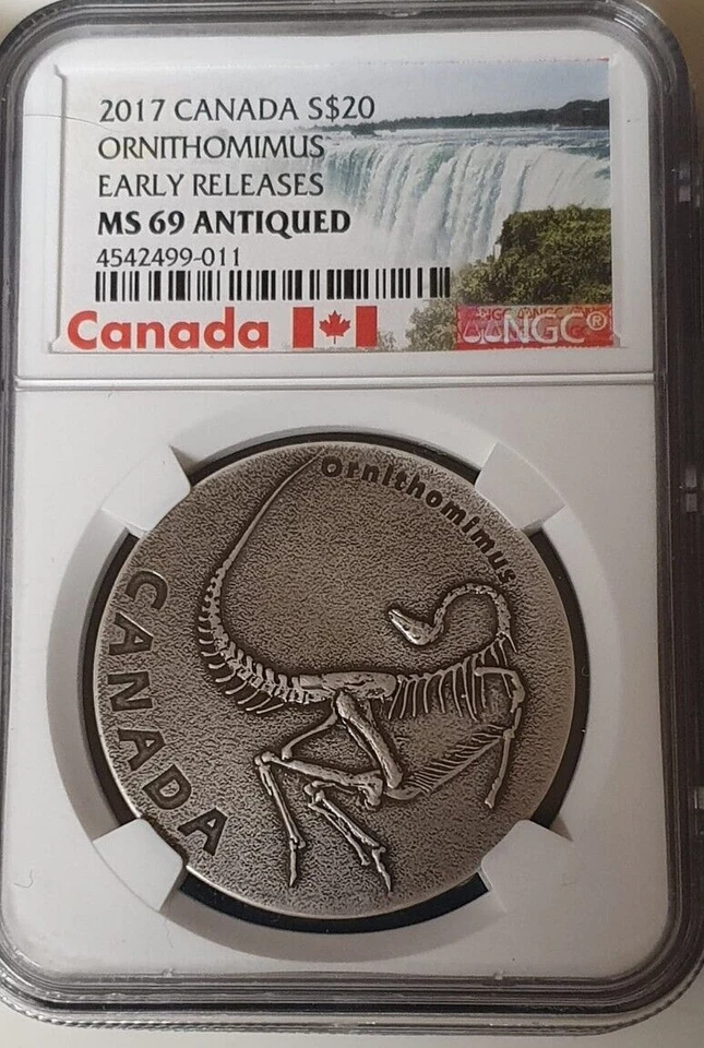 2017 Ancient Canada Ornithominus $20 Silver Coin Antique Finish Dinosaur MS69 - Image 1 of 2