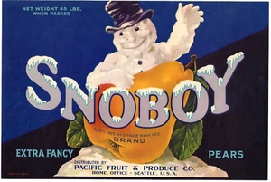 Original scarce 1930s SNOBOY pear crate label Pacific Fruit Produce Seattle WA - Picture 1 of 3