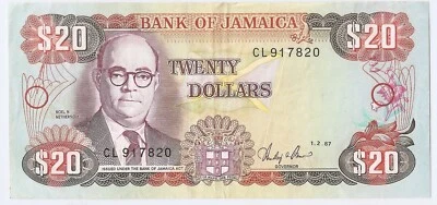 Jamaica 20 Dollars 1987 Noel Nethersole, Bank of Jamaica building. - Image 1 of 2