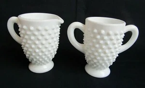 FENTON HOBNAIL MILK GLASS FLAT TOP SUGAR AND CREAMER 2 PIECE SET - Picture 1 of 3