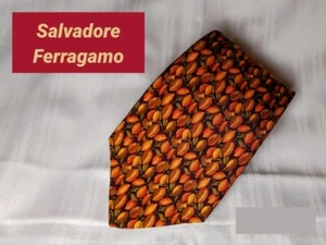 Salvatore Ferragamo Neck Tie New Unused Orange Brown Flower 100%Silk - Picture 1 of 5