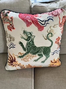 Dragon Print Square 18” Pillow Velvet with Down Insert Chinoserie - Picture 1 of 5
