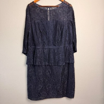 Vestido Adrianna Papell Azul Marino 16W Encaje Peplum Niveles Cóctel Boda Madre Novia Foto 1 de 4