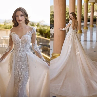 Vestidos de novia sirena novia mangas largas desmontables tren botones espalda Foto 1 de 4