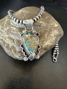 Womens Blue Turquoise Pendant Navajo Pearls Sterling Silver Necklace 19575 - Picture 1 of 13