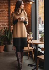 Loft Pullover Kleid Damen L Beige Schwarz Colorblock Wasserfallausschnitt Langarm 267 ⭐️ - Bild 1 von 7