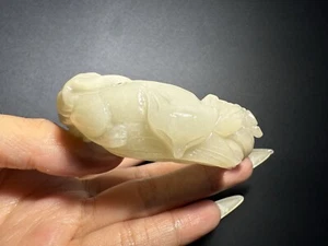 58mm Natural Mongolian Jade Bangle/Shetei Cui/Fine Hand Carved Flowers Fox - Picture 1 of 12