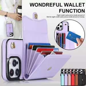 Leder Kartenhalter Geldbörse Etui für iPhone 15 14 13 Pro Max 12 XR Schlüsselband Abdeckung - Bild 1 von 18