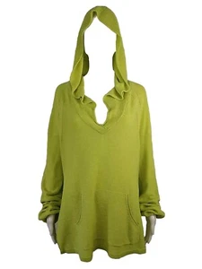 Free People Knit Hooded Sweater Womens S Linen Blend Oversized Slits Lime Green - Picture 1 of 16