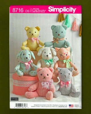 Plush Toys Sewing Pattern, Dog Bear Cat, Elaine Heigl (14" Tall) Simplicity 8716 - Image 1 of 4