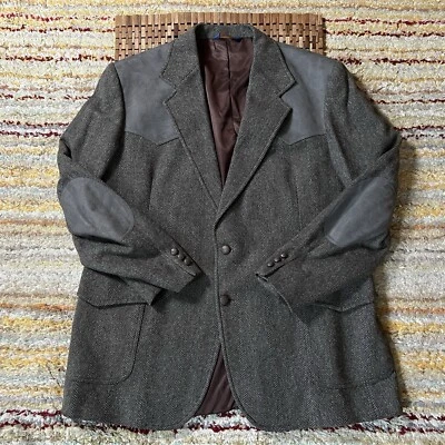 Pendleton Gray Suede Trim Virgin Wool Tweed Western Sport Coat Blazer 48 Long - Image 1 of 4