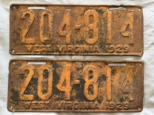 PASSENDES PAAR VINTAGE 1929 ABGELAUFEN WEST VIRGINIA AUTO KENNZEICHEN 204-814 USA GD - Bild 1 von 2