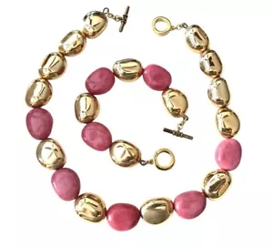 SET BRACCIALE COLLANA PERLINE MODERNO PLACCA ORO PIETRA NATURALE ROSA RALPH LAUREN - Foto 1 di 8