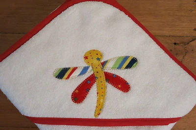 Handmade hooded baby towel with colorful dragonfly applique - image 1 of 4