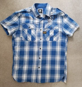 G-Star Raw Mens Large Blue White Checked Short Sleeved Shirt Excellent Condition - Picture 1 of 15
