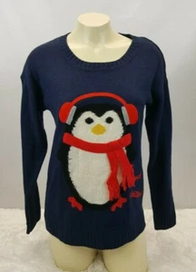 Ugly Cute Christmas Sweater Chili Penguin Beats Women Size Small Petite Blue - Picture 1 of 7