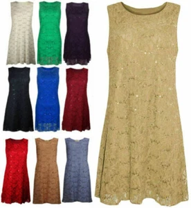 Womens Sleeveless Floral Lace Dress Ladies Fancy Party Wear Lined Sequin Dress - Picture 1 of 14