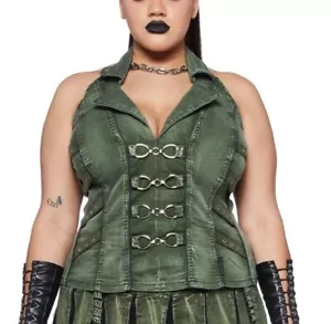 TRIPP NYC Peace Acid Was Denim Corset Vest Halter Top Buckle Front Army Green 1X - Picture 1 of 6