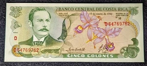 Costa Rica 1992 5 Colones UNC Banknote - Beautiful Note! - Picture 1 of 8