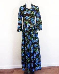 vintage 60s BEAUTIFUL Brown Blue Floral Hawaiian Maxi Dress Acetate ruffled 8 - Picture 1 of 5