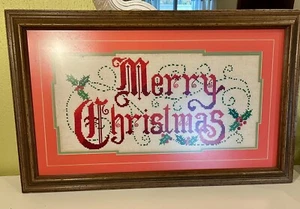 31.5 X 19.5 Original framed cross stitch Christmas art vintage w/ Custom Matting - Picture 1 of 10