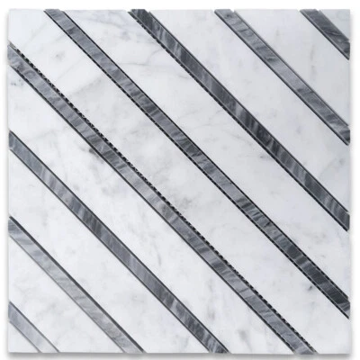 C7H7H Carrara White Marble Geometric Polystrip Mosa Tile w/ Bardiglio Gray Honed - Image 1 of 4