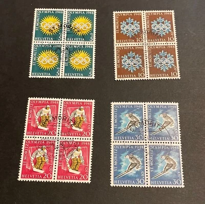 Switzerland stamps 1948 Winter Olympics - St. Moritz complete set blocks of 4  - Image 1 of 2