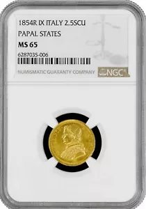 Stato Pontificio 2,5 scudi 1854 R IX, NGC MS65, "Papa Pio IX (1846 - 1878)" Top Pop - Foto 1 di 2