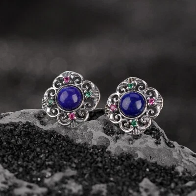 K02 Orecchino Fiore Con Lapislazzuli Blu Rotondo In Argento Sterling 925 - Immagine 1 di 4
