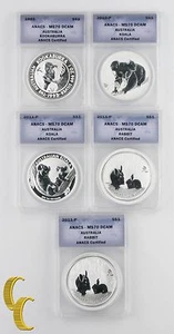 1993-2011 Australia $1 Dollar Coin Lot of 5 Kookaburra, Koala, Rabbit MS70 DCAM - Picture 1 of 12