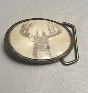 Vintage BTS Solid Brass Belt Buckle 3" Oval Deer / Buck Inlay Made in USA 1981 - Bild 1 von 4