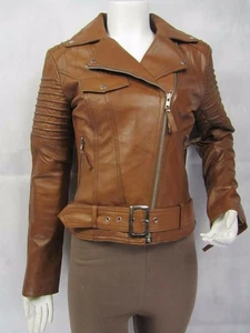 Image Linda Women's Tan Napa Leather Slim Fitted Pockets Short Biker Jacket - Picture 1 of 12