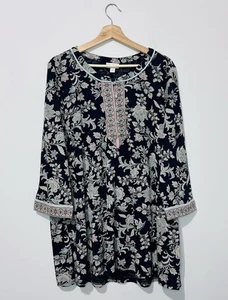 J Jill Womens Tunic 2X Cotton Blend Black Mint Pink Crew Neck 3/4 Sleeve NWT - Picture 1 of 8