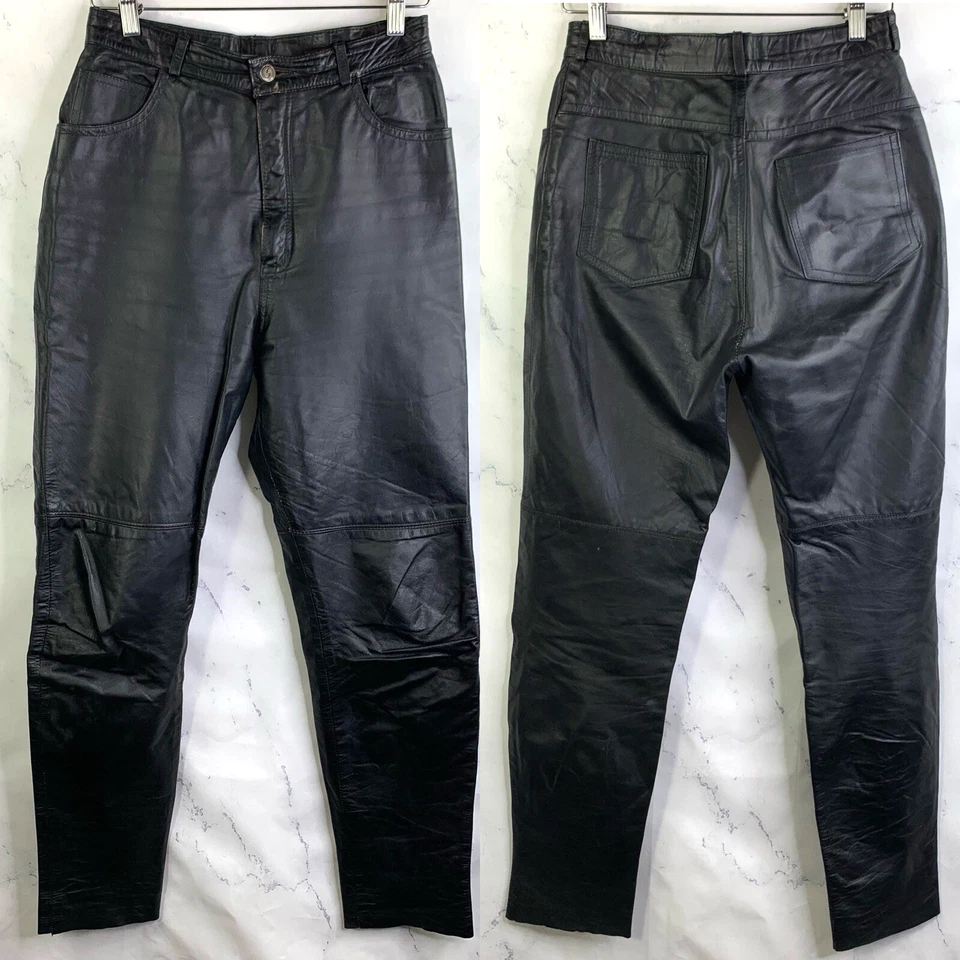 Vintage 80s Leather Pants Womens Sz 28 Black Y2k Straight Gothic Disco high rise - Image 1 of 4