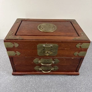 Oriental/Asian Rosewood & Brass Jewelry Box Chest 2 Red Lined Drawers 12x8x8 - Picture 1 of 18