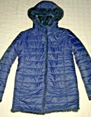 GUESS Kids Navy Blue Hooded Puffer Coat Parka Faux Fur Lined Size L 12 - Image 1 of 4