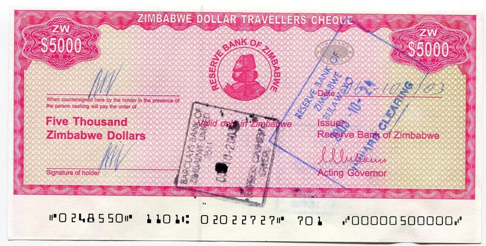 Zimbabwe Dollar Travellers Cheque $5 000 Check 2003 P16 $5000 Rare x 10 Pieces - Image 1 of 1
