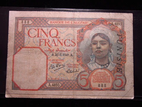 TUNISIA 5 Francs 1941 P77 Tunisie Banque de L'Algerie 4893# Banknote Money Cover
