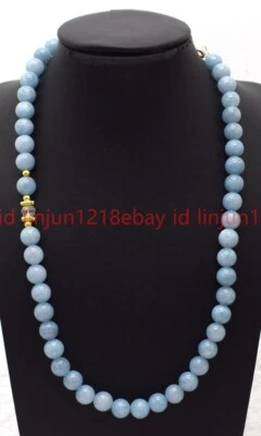 Hermoso collar natural de cuentas de piedras preciosas redondas de aguamarina azul de 8 mm 16-36 pulgadas Foto 1 de 4