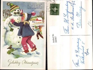 260467,Künstler AK Neujahr Schneemann Haube Kind m. Haube Kleeblätter Winterbild - Picture 1 of 1