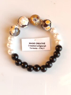 Bracciale Donna In Pietre Naturali Agata Maculate Elasticizzato,Perle, Onice - Immagine 1 di 4
