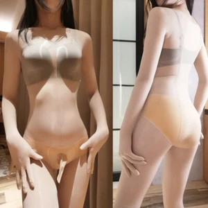 Men Women Sexy Oil Shiny Bodystockings Sheer Bodyhose Bodysuit w/ Finger Gloves - Imagen 1 de 19