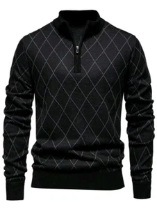 Men's Lightweight Half-Zip Knitted Black Sweater, Long Sleeve Pullover NEW - Picture 1 of 3