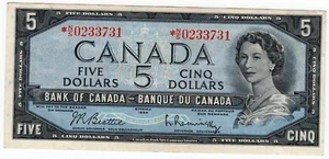 Billete de repuesto de 5 dólares del Banco de Canadá 1954 - Beattie/Rasminsky - *N/S0233731 - En muy buen estado - Imagen 1 de 2