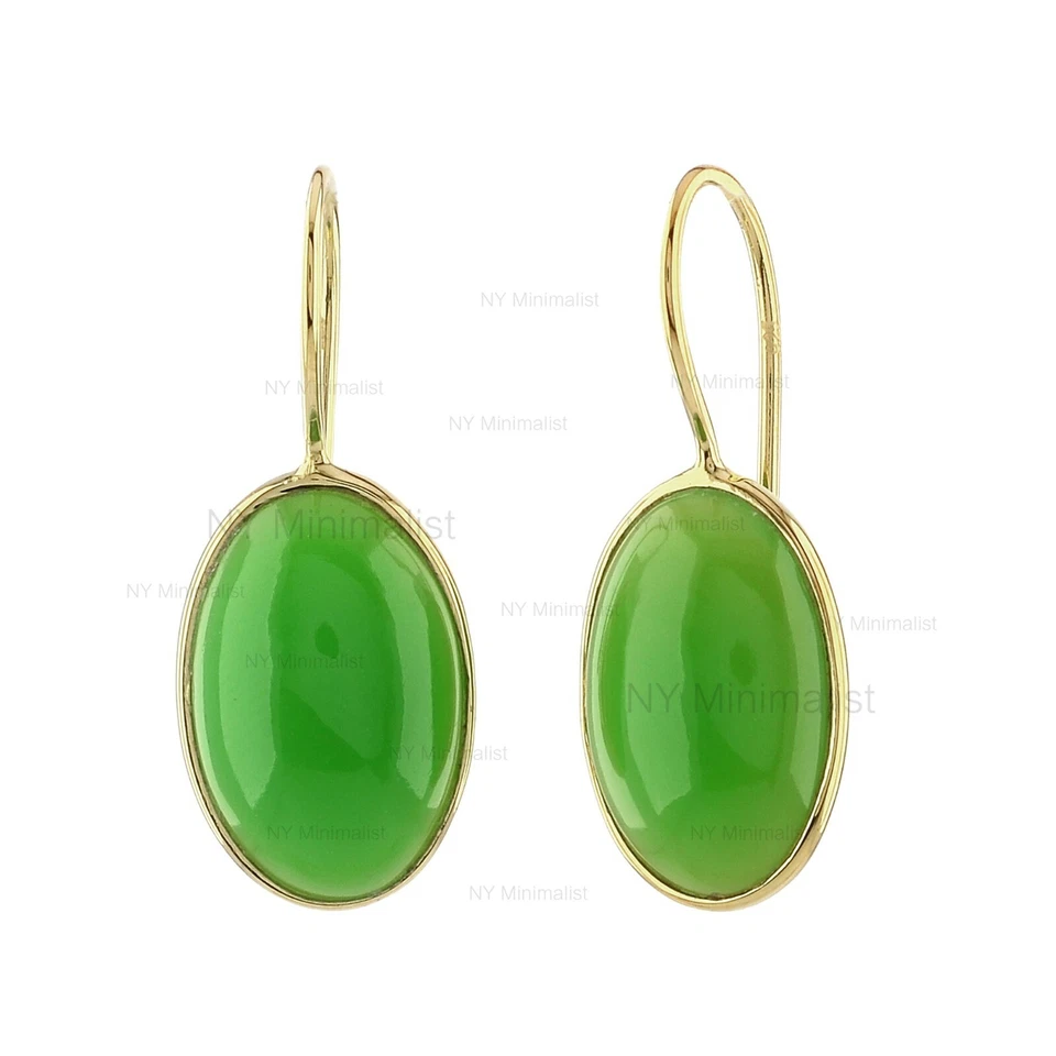 Pendientes de gancho colgantes de piedras preciosas crisoprasa ovaladas genuinas de oro amarillo sólido de 14K Foto 1 de 4