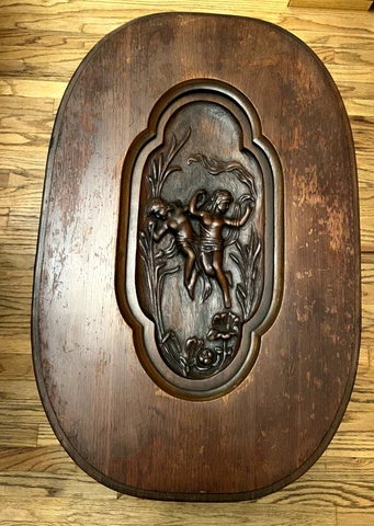Vintage Renaissance Style Glass Top Coffee Or Side Table Carved People & Flowers Cover