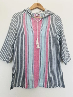 Pulôver túnica feminina TOMMY BAHAMA mistura de linho tamanho PS capuz listrado boho - Imagem 1 de 4
